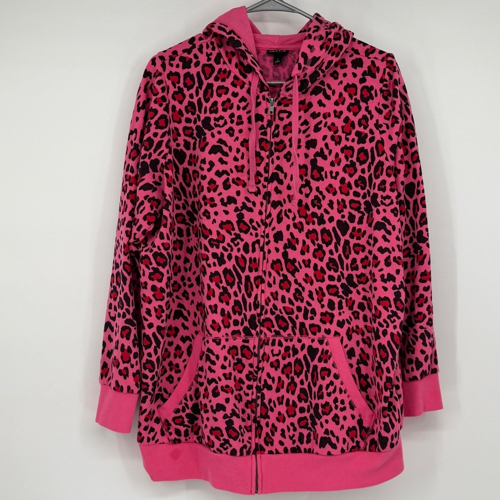Torrid Pink Leopard Print Zip Up Hoodie Sweatshirt Plus Size 1 1X Animal Print